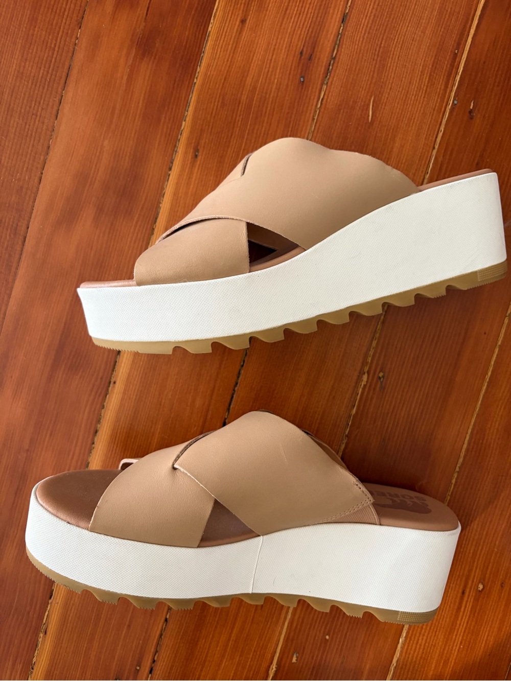 Sorel Beige Crisscross Platform Slide Sandals